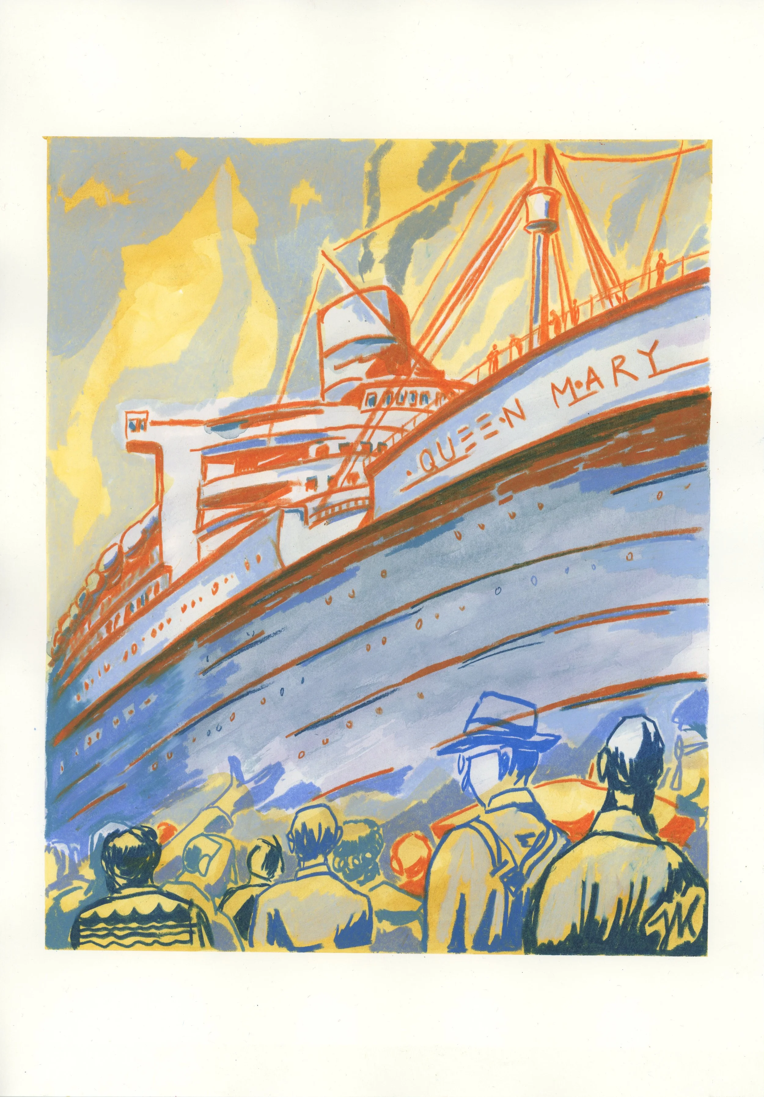 Farewell to Queen Mary, mixed media on paper, 30 x 21 cm