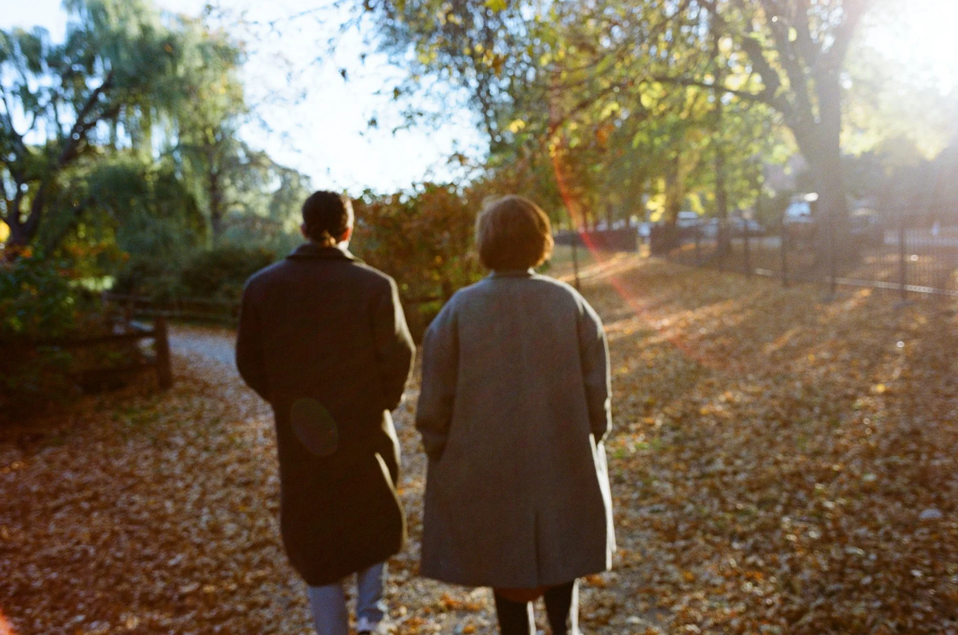 Two people walking in a park during autumn, with trees and fallen leaves around and sunlight filtering through the trees.