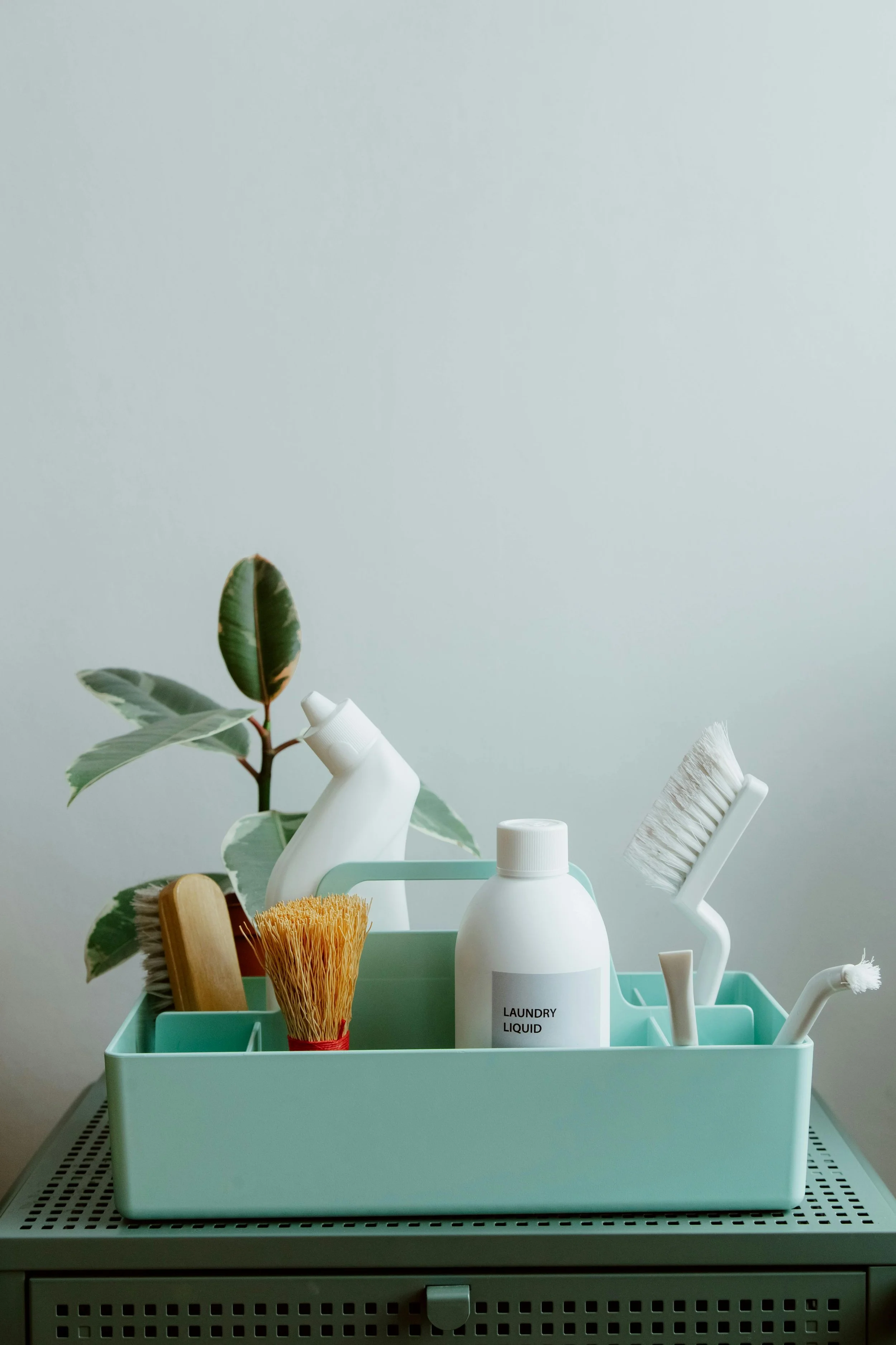 A collection of cleaning and laundry supplies inside a mint green plastic tray on top of a metallic surface, with a plant in the background.