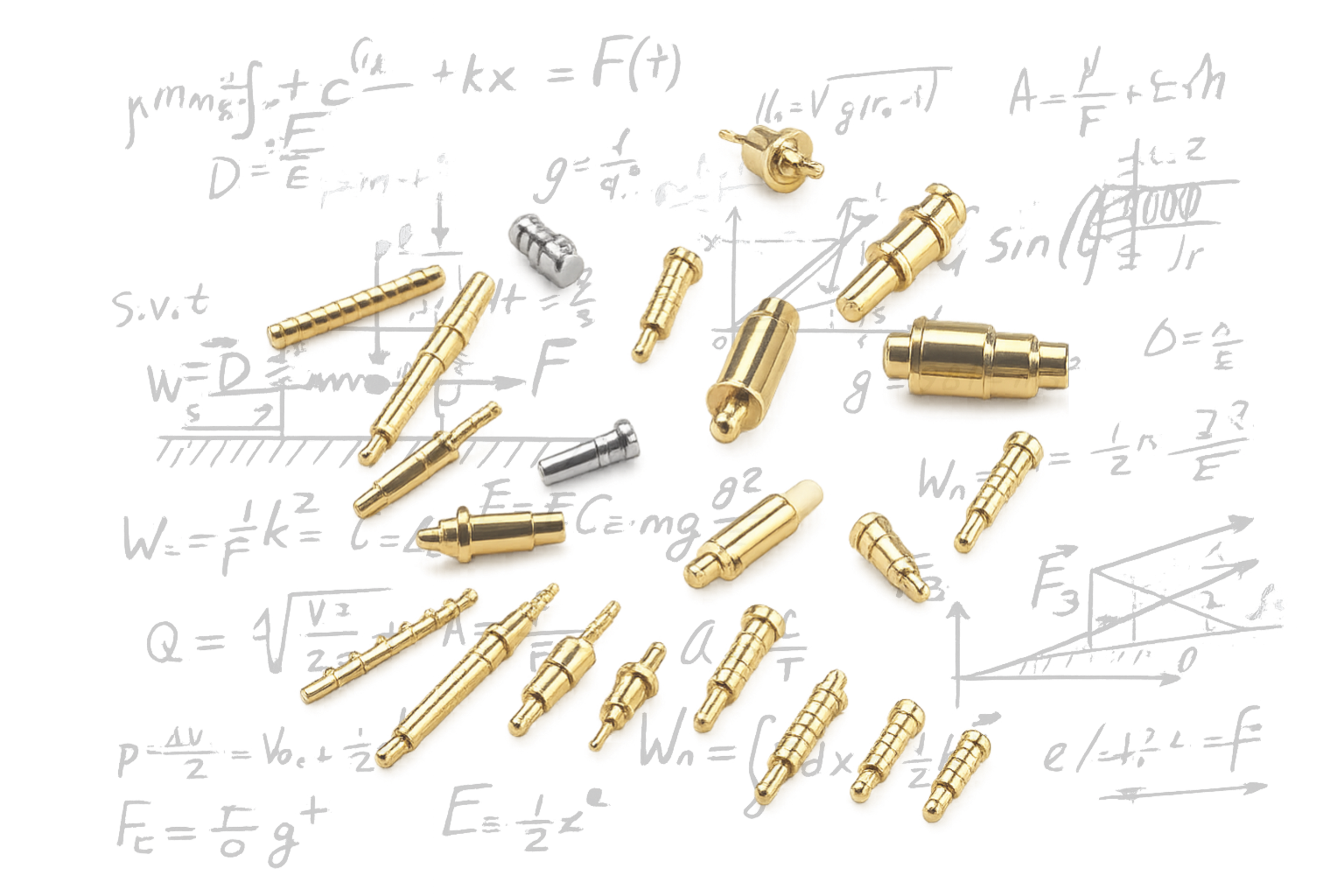 A schematic diagram of various types of pogo pin, audio connectors and adapters, with physical connectors scattered over a technical drawing.