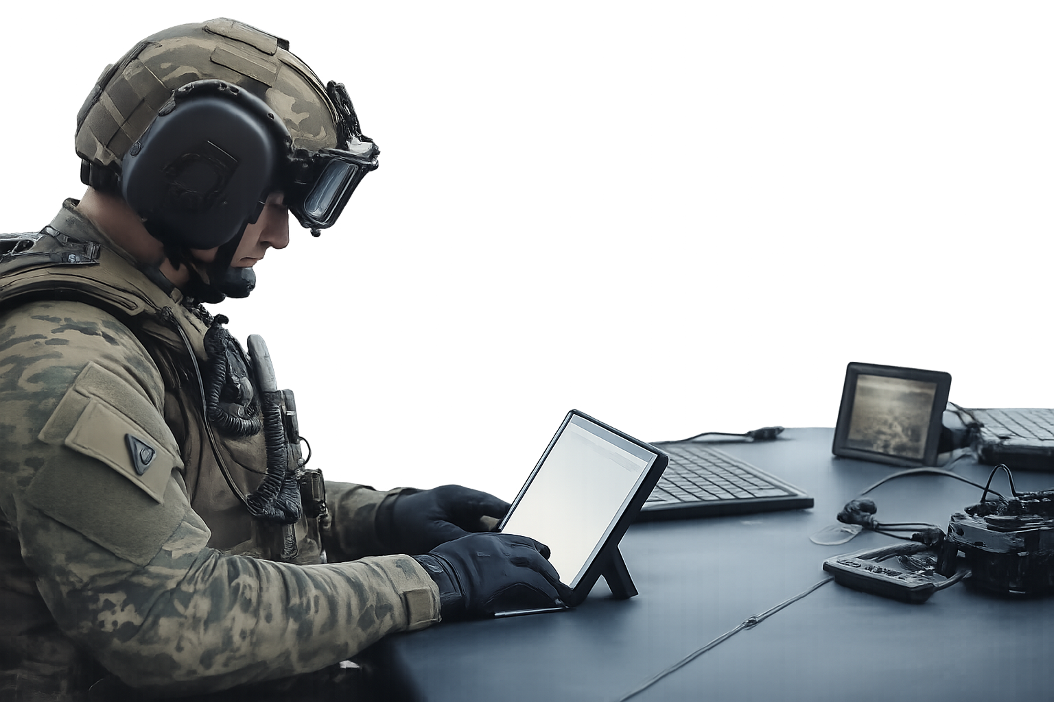 A soldier in camouflage gear and a helmet looking at a tablet, sitting at a desk with laptops and communication equipment.