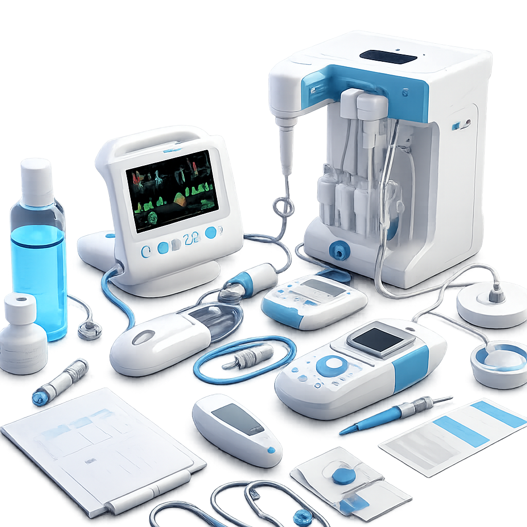 Medical equipment including monitors, a syringe, IV bags, and diagnostic devices on a table.