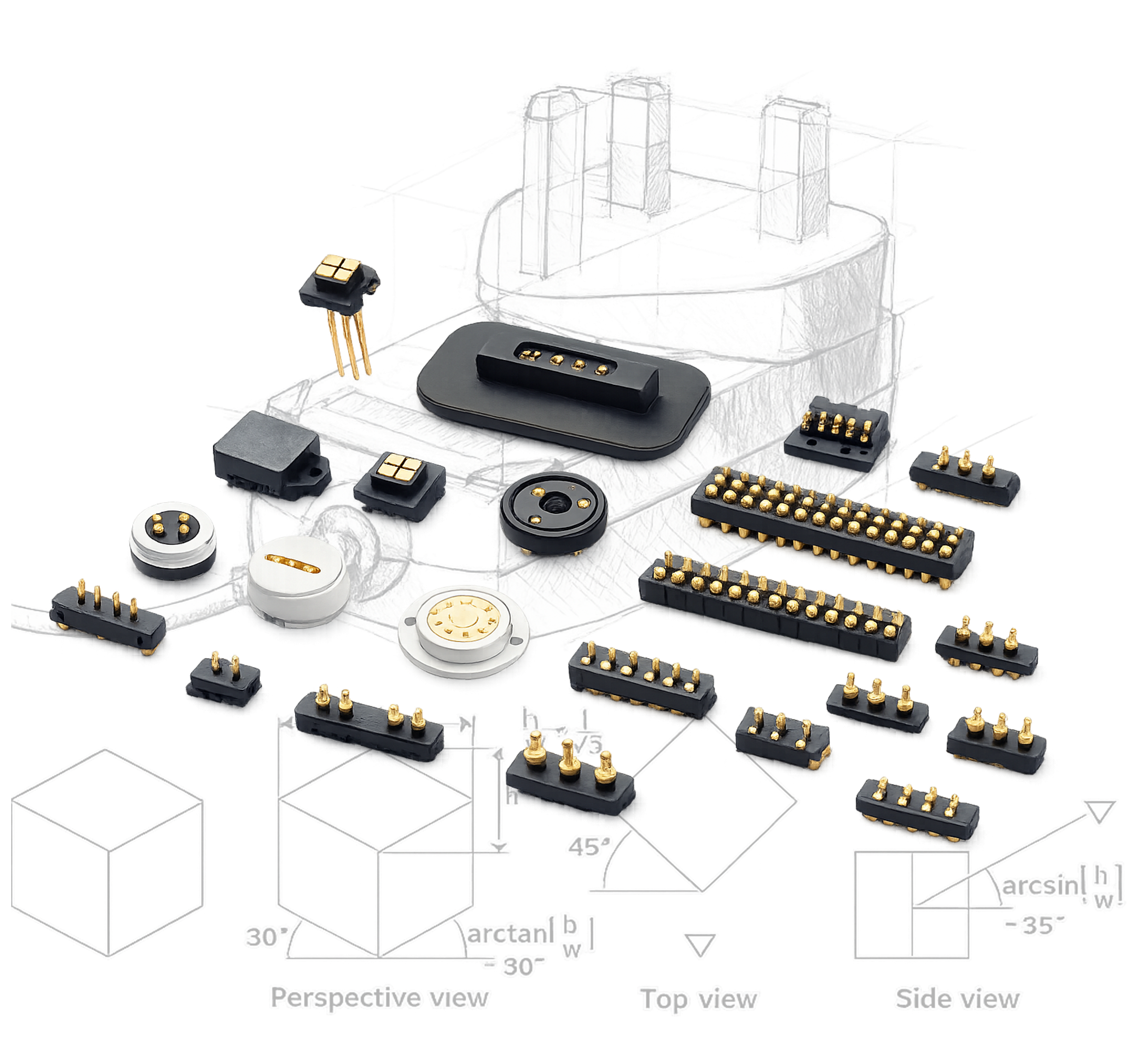 A digital illustration of electronic components including circuit boards, pogo pin connectors, pad connector and other parts, with perspective, top, and side views, along with technical annotations and measurements.