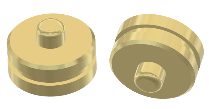 Two gold-colored pogo pin with a small protruding peen on top, viewed from different angles.