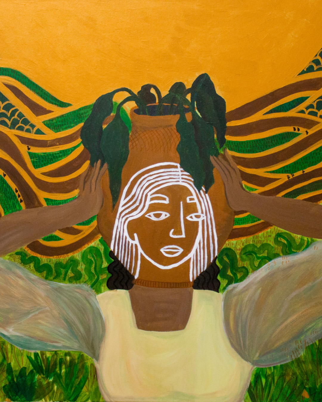 An abstract painting of a woman with long hair, holding a large brown clay pot with green leaves on her head. The background features flowing yellow and green patterns, with her face outlined in white and her eyes closed.