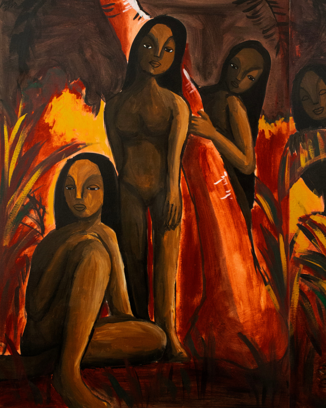 Painting of four brown women with long hair in a fiery, abstract background with warm red, orange, and yellow tones.