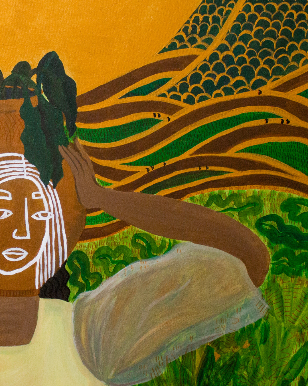 Contemporary figurative painting depicting a brown female body with precolonial facial markings in a layered agricultural landscape, exploring postcolonial identity, land, and embodiment.