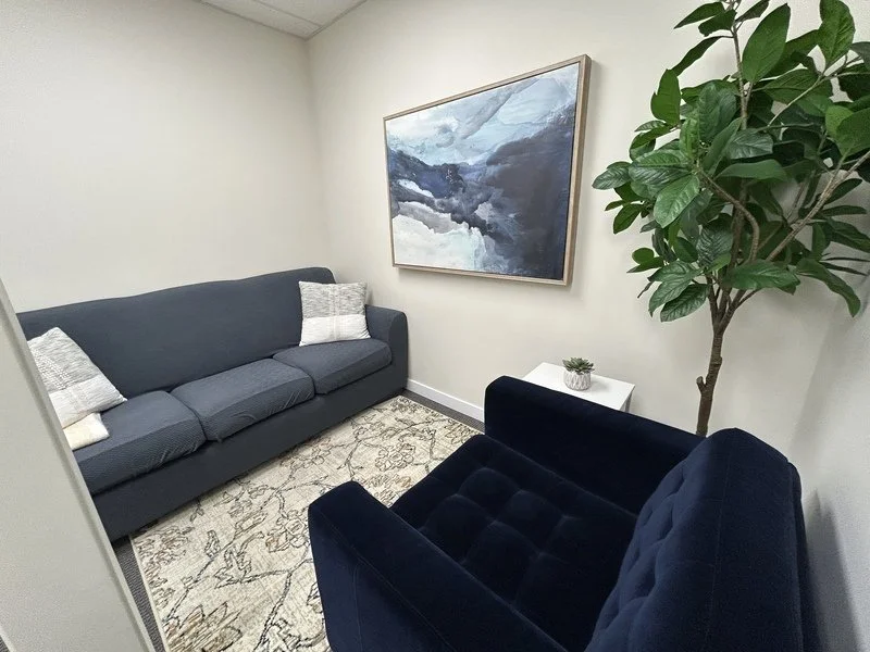 Image of Den Psychology therapy room, with a couch and a chair.