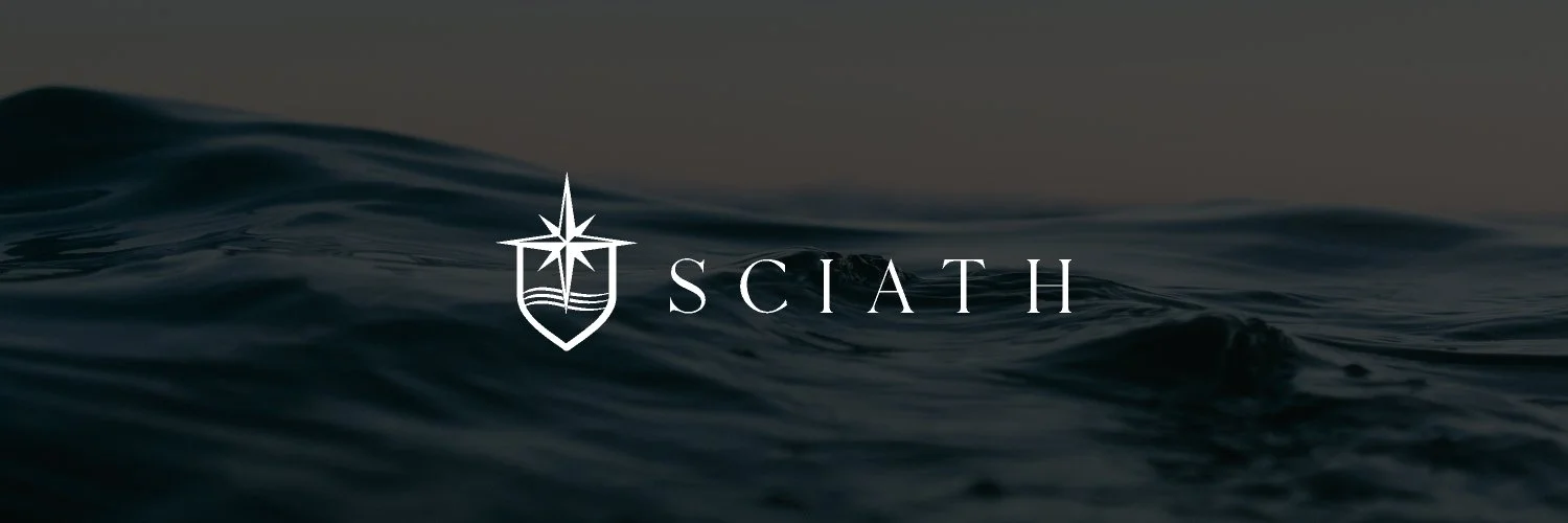 Sciath logo featuring a stylized compass star above a shield with waves, over a dark, wavy water background.