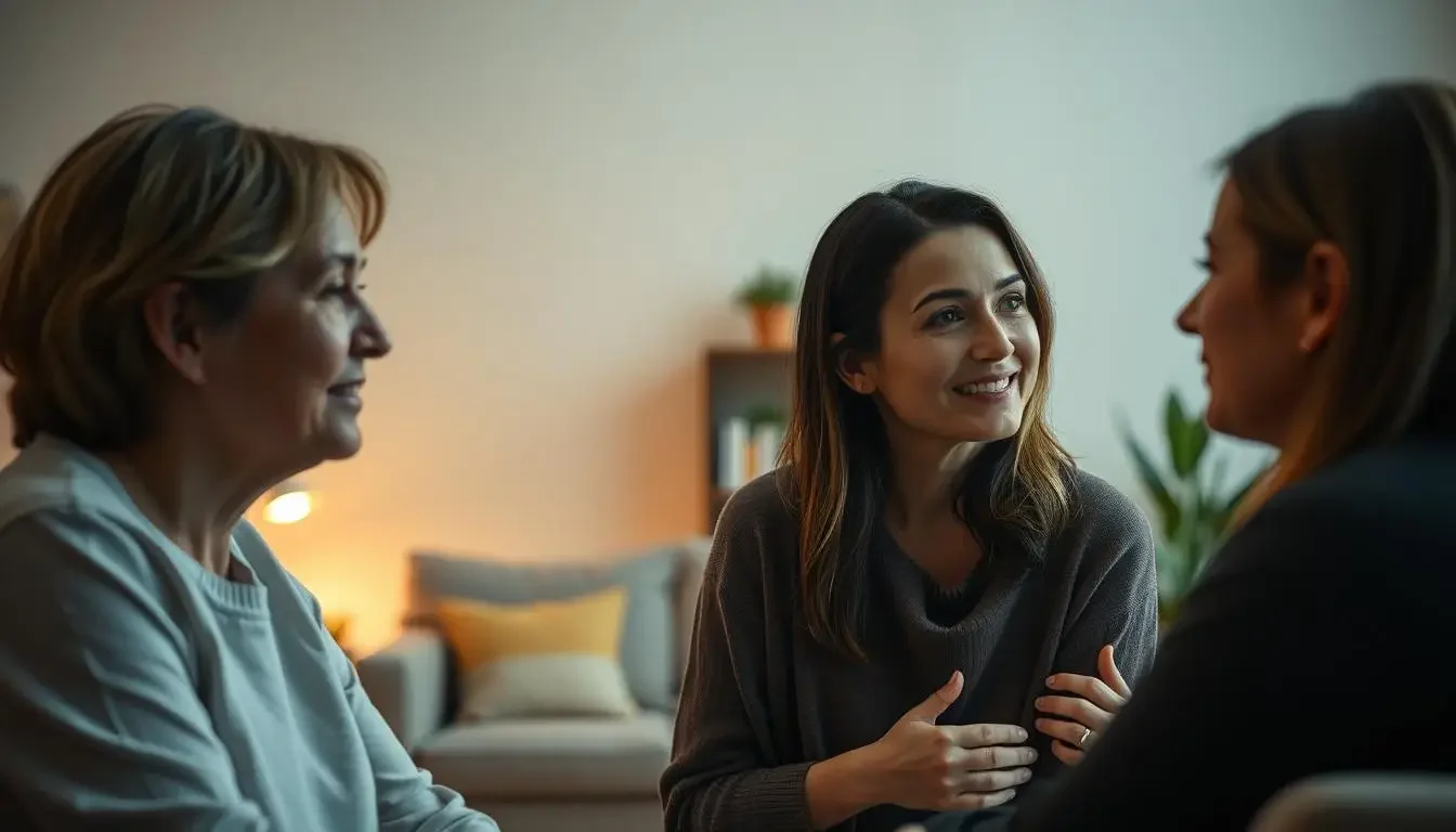 Three women having a friendly conversation in a cozy living room, one woman smiling and engaging with the other two women.