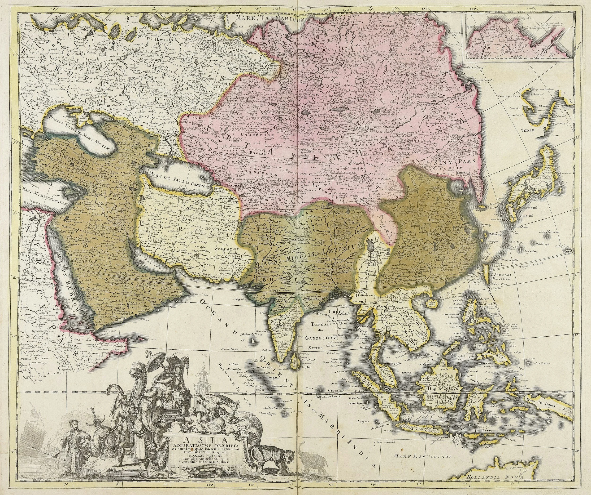 An antique map of Asia, showing countries such as China, India, Japan, and Southeast Asia, with illustrations of historical scenes and a decorative cartouche.