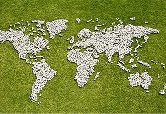 World map made of white rocks on green grass