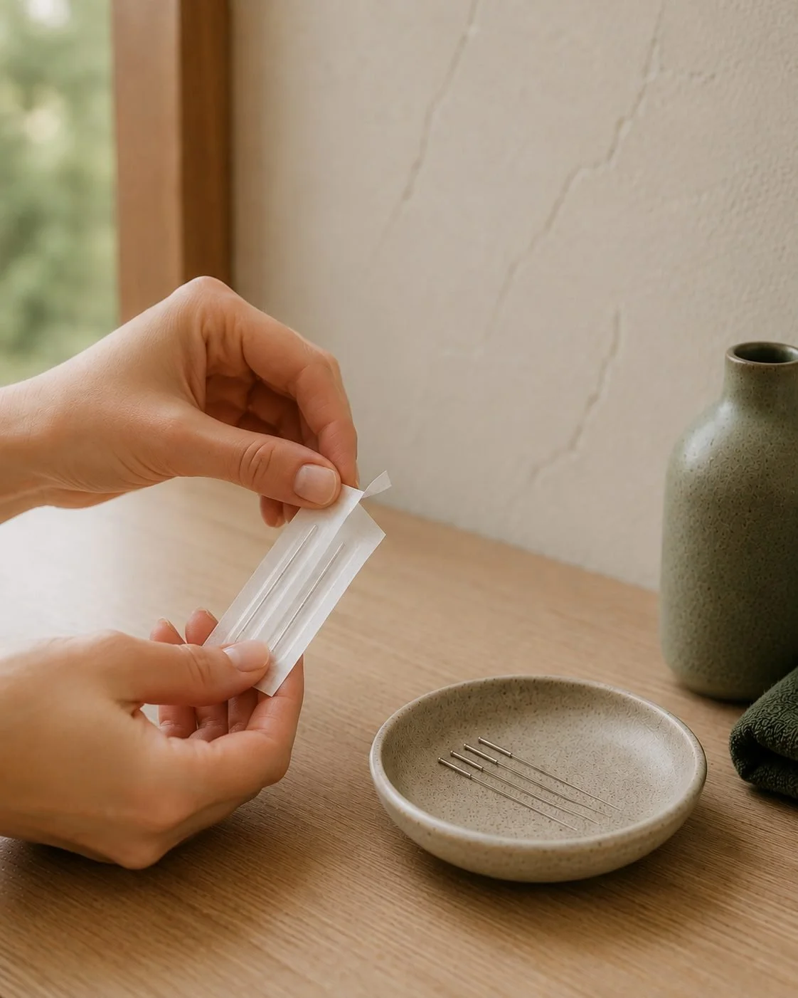 Person holding glue strips above a small ceramic dish with bobby pins inside, on a wooden surface near a vase.
