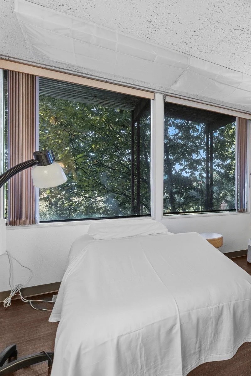 Clean, quiet treatment room with tree-view windows.