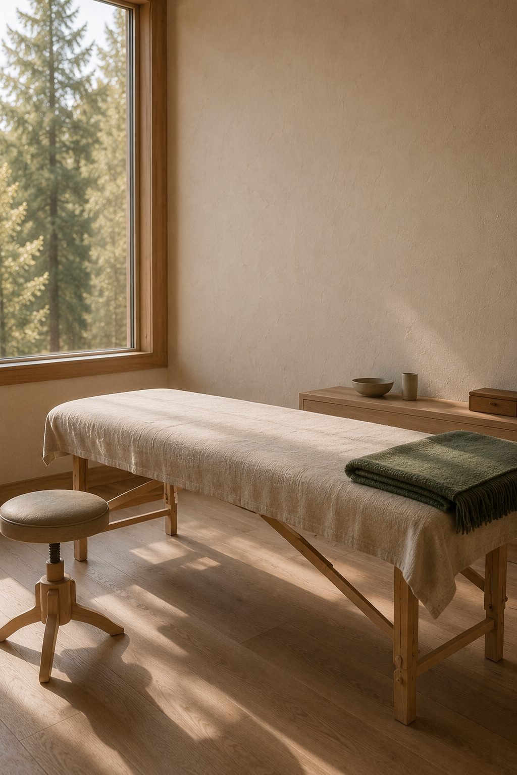 A massage room with a massage table, a stool, and a window showing trees outside.