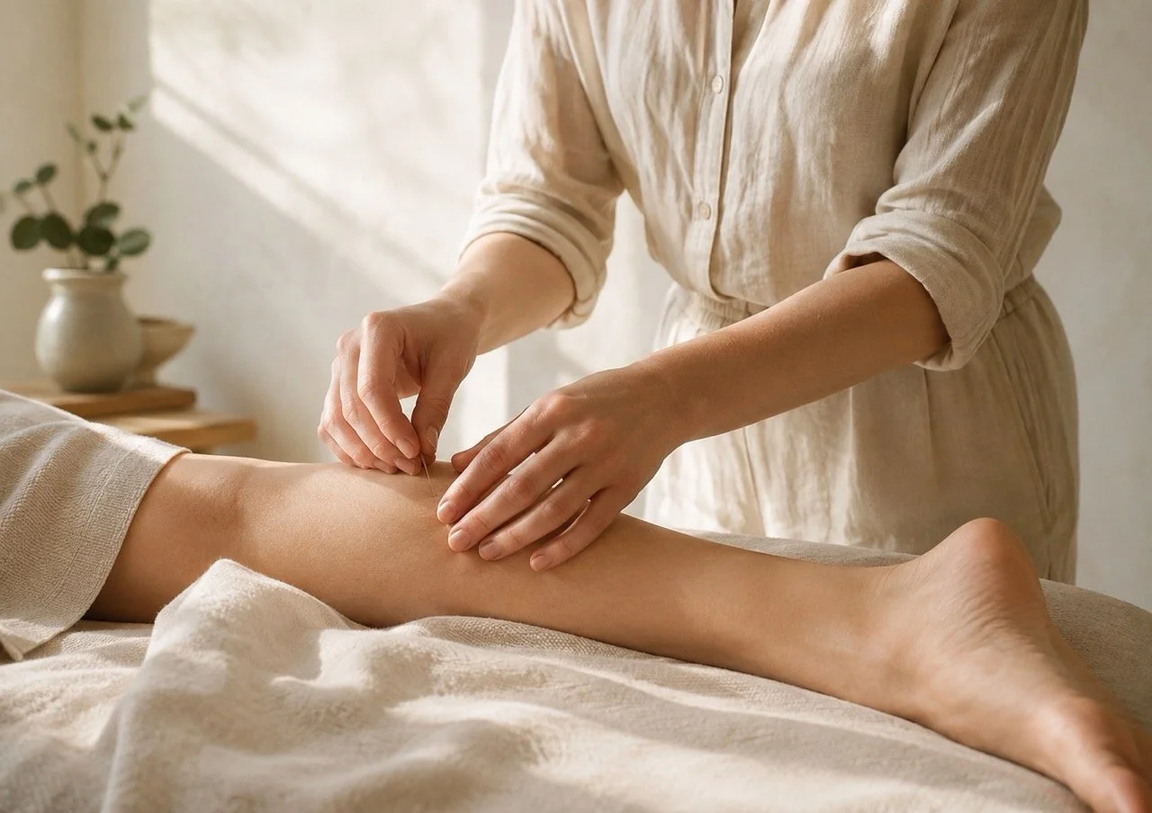 A person receiving acupuncture on their leg in a massage room.