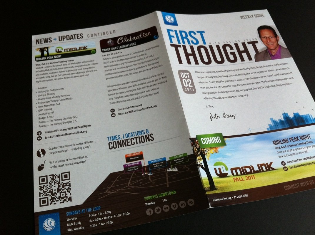 Open church program brochure for Midlink church, dated October 2, 2011, promoting upcoming events including a church service, Bible study, Kid's Worship, and a fall event, with details of locations and times, and a QR code for more information.