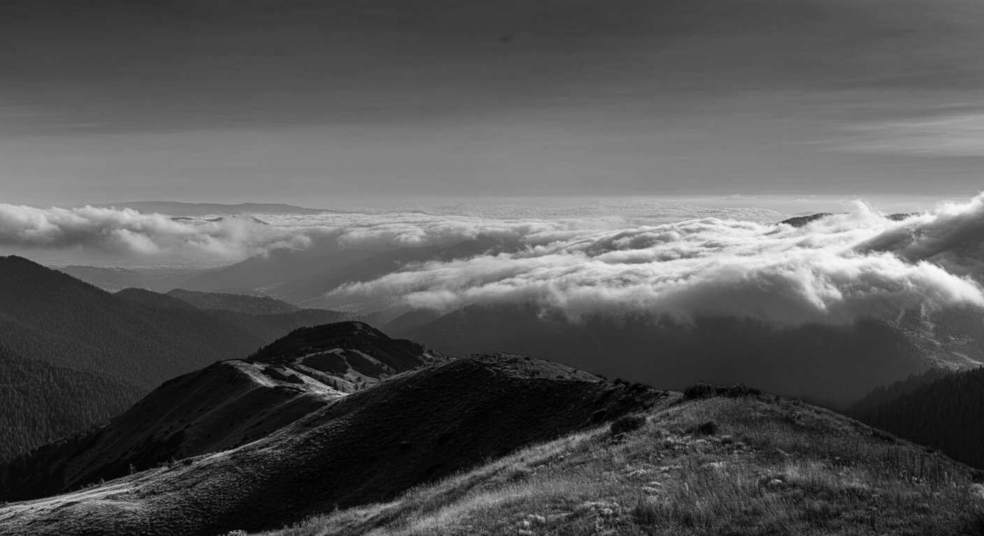 Black and white photo of mountain ridges with vibrant, textured grass in foreground, layered hills, and clouds in the sky.