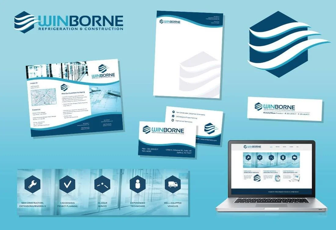 Branded business stationery for Winborne Refrigeration & Construction, including letterhead, business cards, flyer, and website displayed on a laptop, all featuring the company's logo with wavy lines and blue color theme.