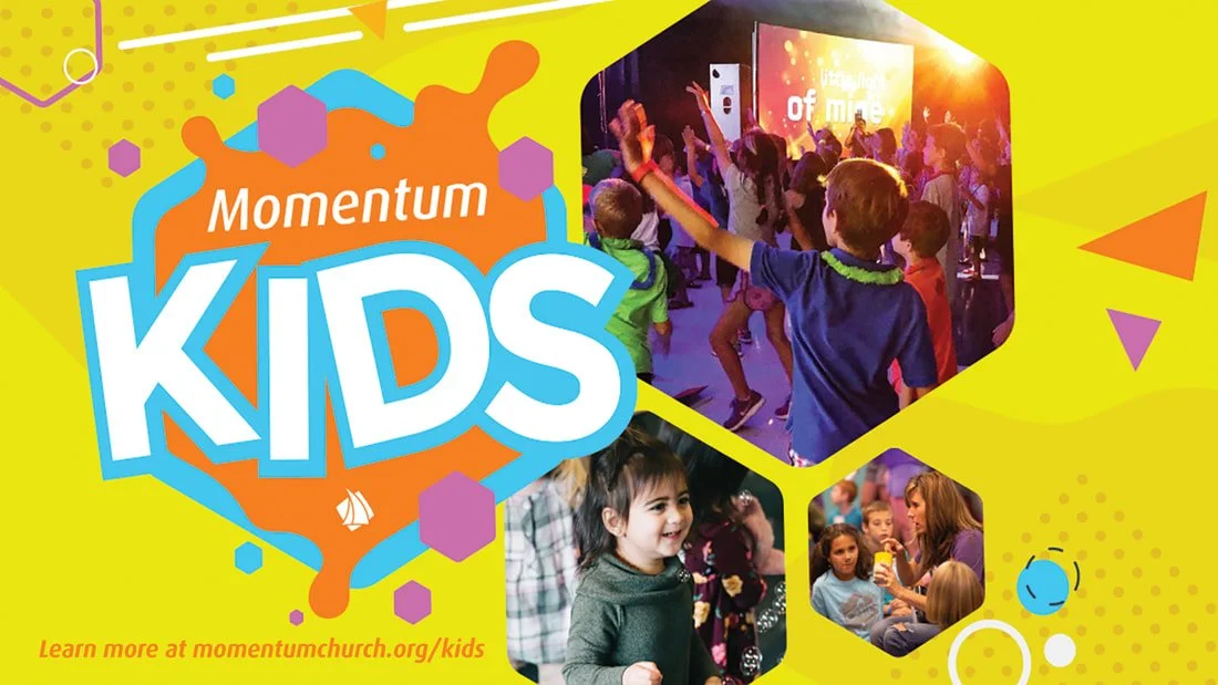 Bright yellow promotional flyer for Momentum Kids with colorful hexagons and photos of children dancing, smiling, and interacting at a church event.