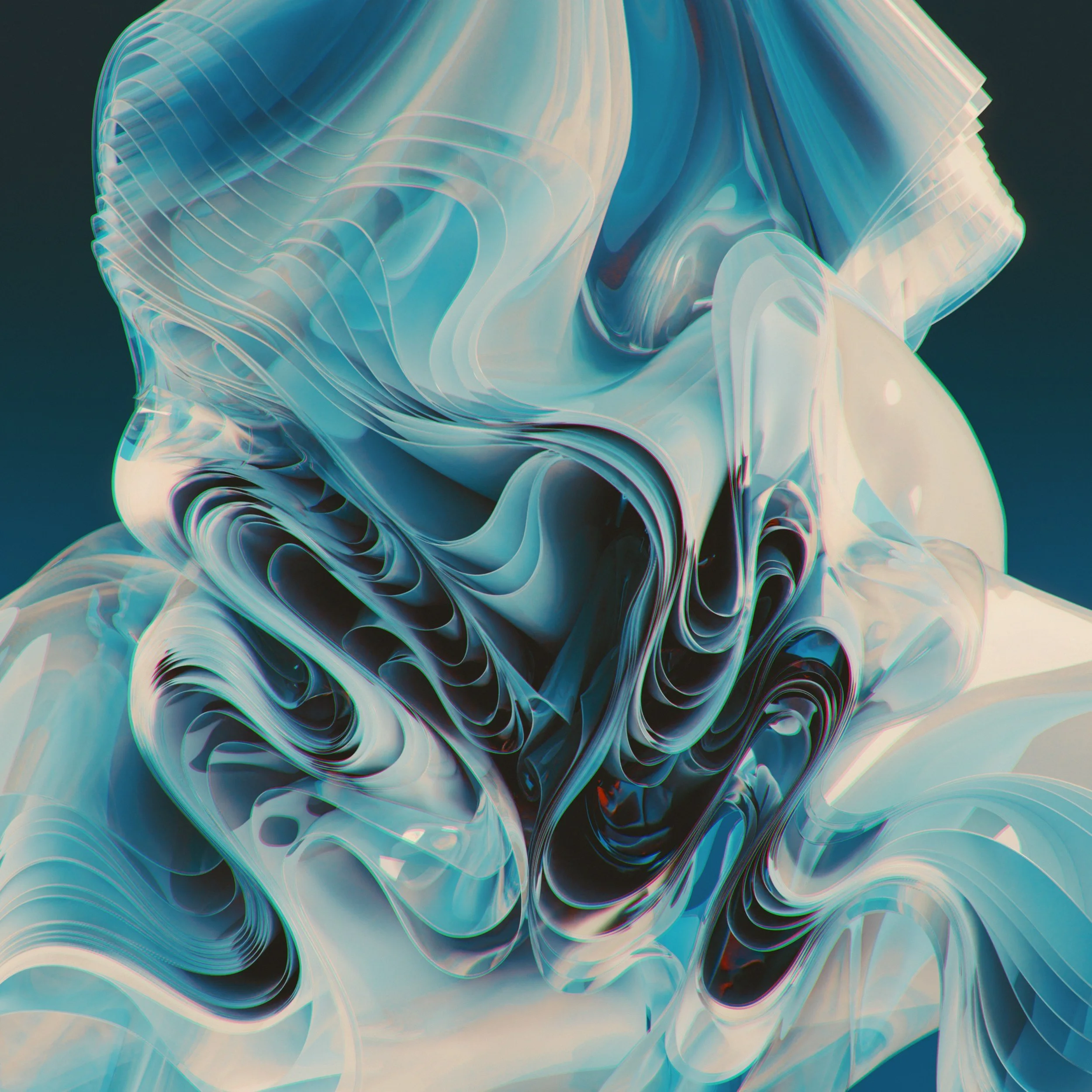 Abstract swirling blue and white digital artwork with fluid, layered patterns.