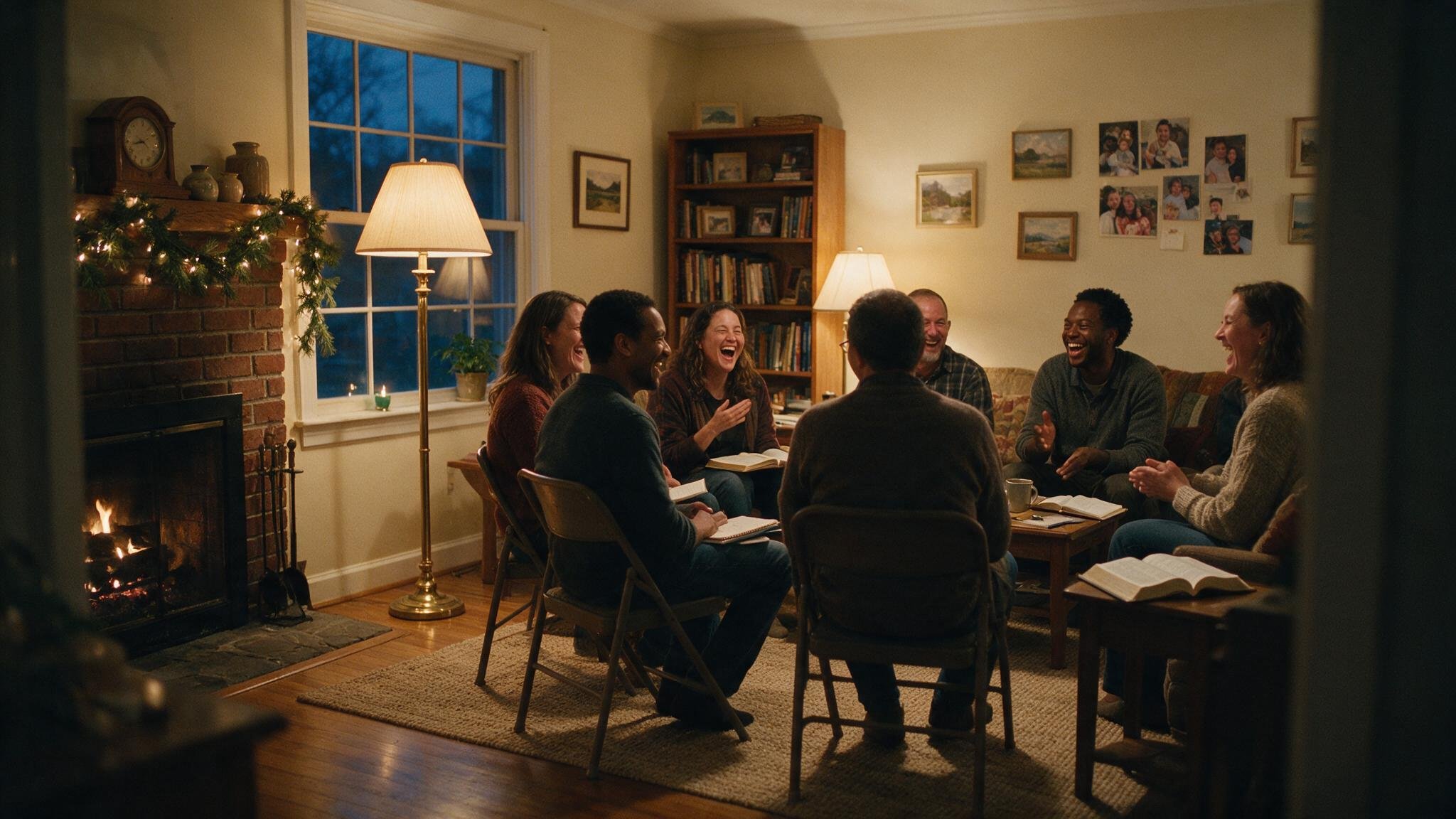 A small group of church members laughing together during an evening gathering in someone's living room