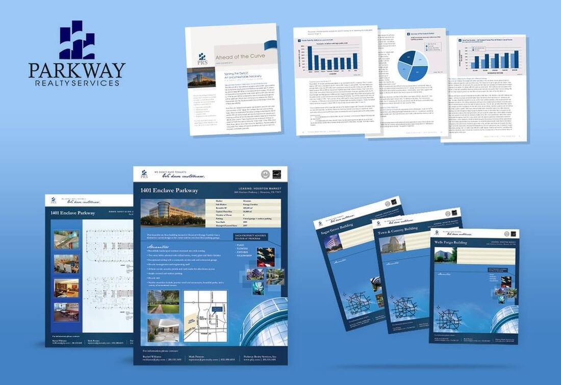 Marketing materials and brochures for Parkway Realty Services, including property listings, charts, and company branding on a blue background.