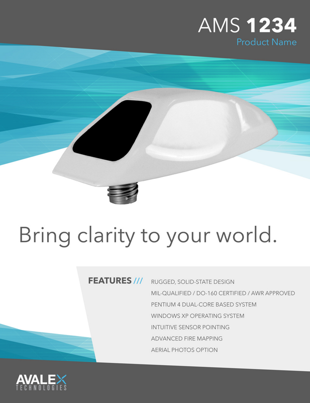 A white drone with a black window, mounted on a spring base, against a background with blue and white abstract lines, displaying product details and features from Avalex Technologies.