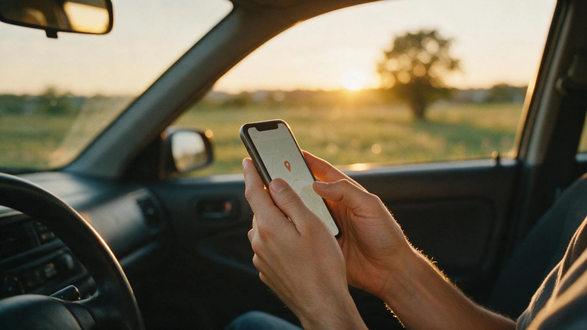 Person checking a map app on their phone from the driver's seat of a parked car at sunset, using GPS to find a nearby church