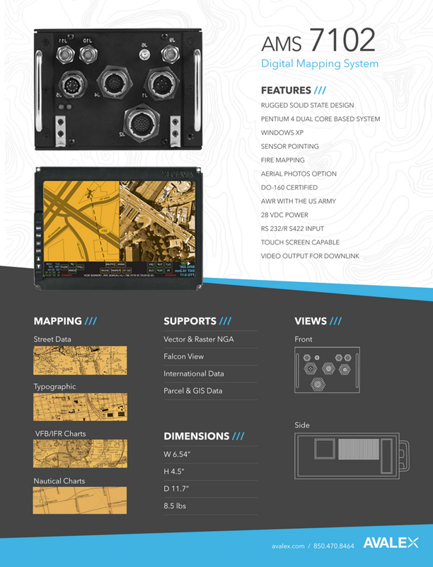 The image displays a technical product sheet for the AMS 7102 Digital Mapping System, including a front and side view of the device, along with lists of features, mapping capabilities, supported data types, dimensions, and an example of the front and