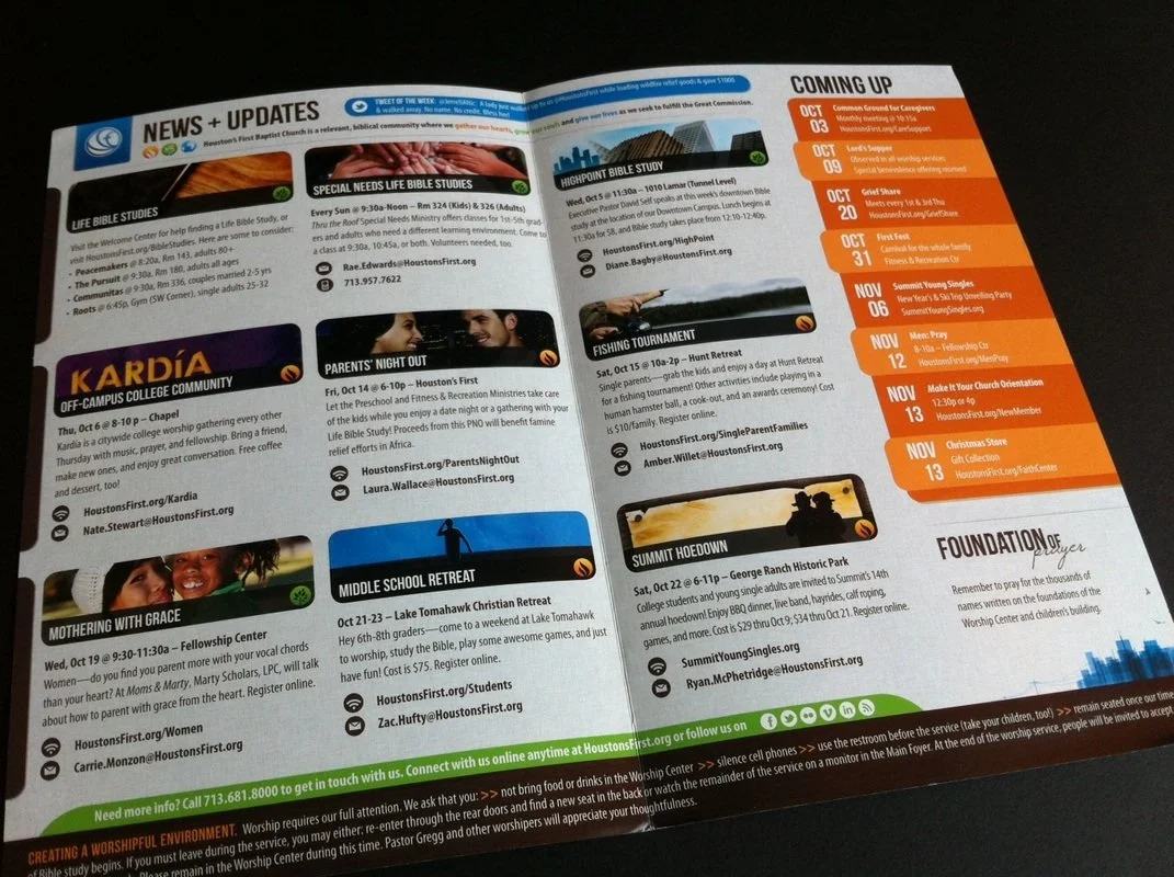 Church newsletter page with news updates, event details, and schedule for October to November, including Bible studies, youth events, retreats, and special services.