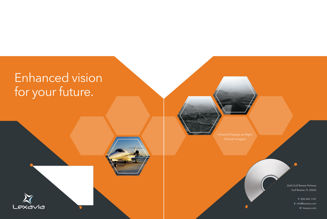 Advertisement showcasing infrared night vision displays with images of a plane and a landscape, with the phrase 'Enhanced vision for your future' and contact information for Lexavia.