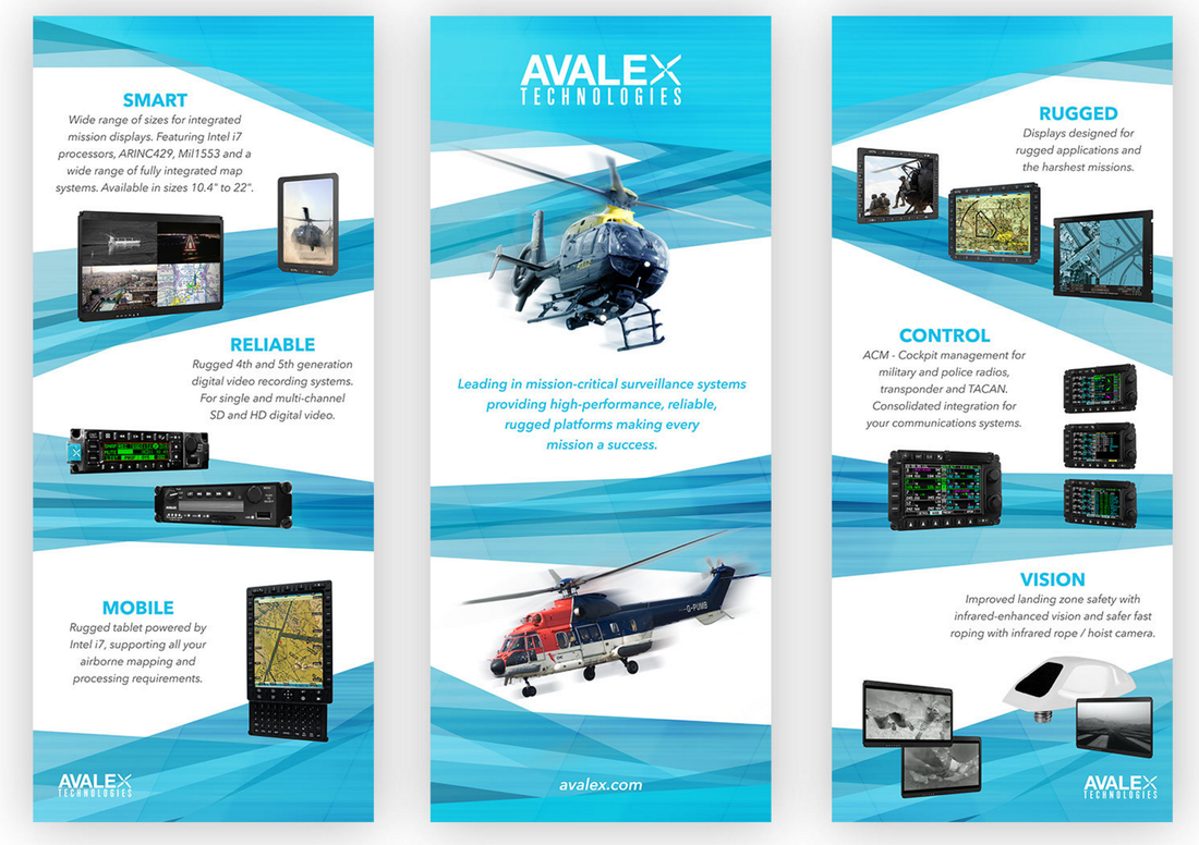Three-panel brochure for Avalex Technologies featuring mission-critical surveillance systems with helicopters, mission displays, rugged tablets, and control, vision, and rugged display equipment.