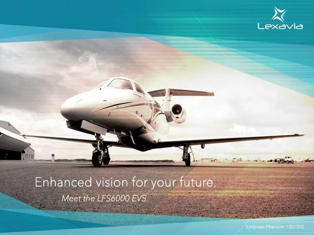 A private jet on an airport runway with a cloudy sky in the background. The image features the Lexavia logo in the top right corner and the text 'Enhanced vision for your future. Meet the LFS6000 EVS.'