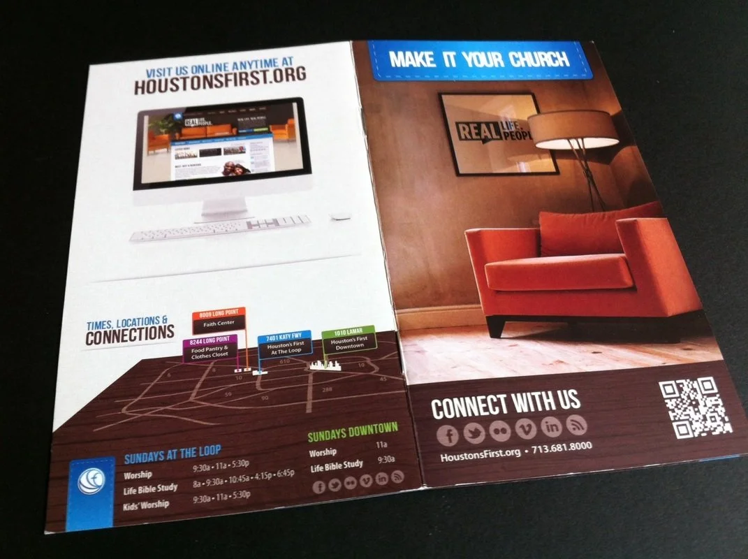 A church brochure featuring information about Sunday services, locations, and connections with social media icons and a website link.
