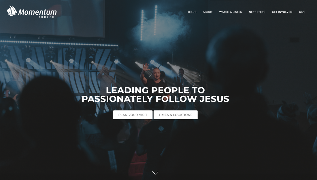 Crowd at a church service with a stage, musicians, and a speaker, with church branding and navigation menu visible.