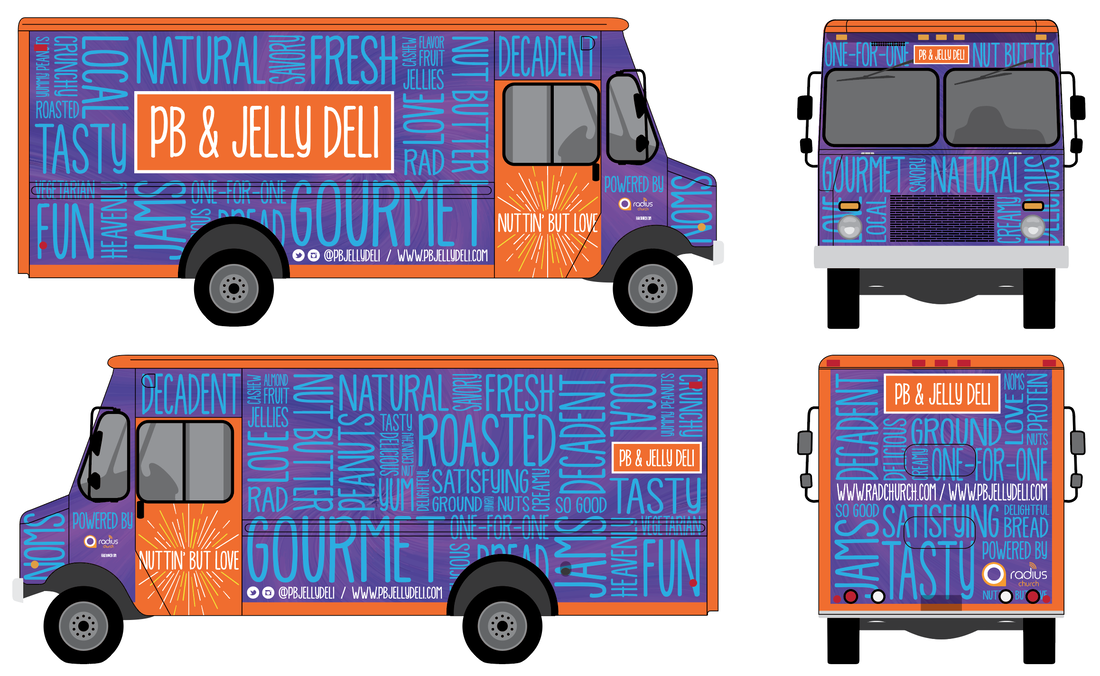 Designs of a colorful food truck with orange, blue, purple, and gray colors. The truck features words related to jelly and peanut butter, such as 'Gourmet,' 'Fresh,' 'Natural,' 'Roasted,' and 'Tasty.' The name 'PB & JELLY DELI' is prominently display