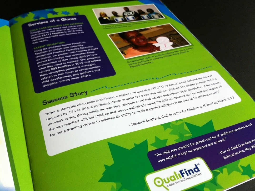Green pamphlet or brochure page with a section titled "Success Story," featuring a quote and a photo of a woman. The pamphlet promotes child care resources and includes the QualFind logo at the bottom.