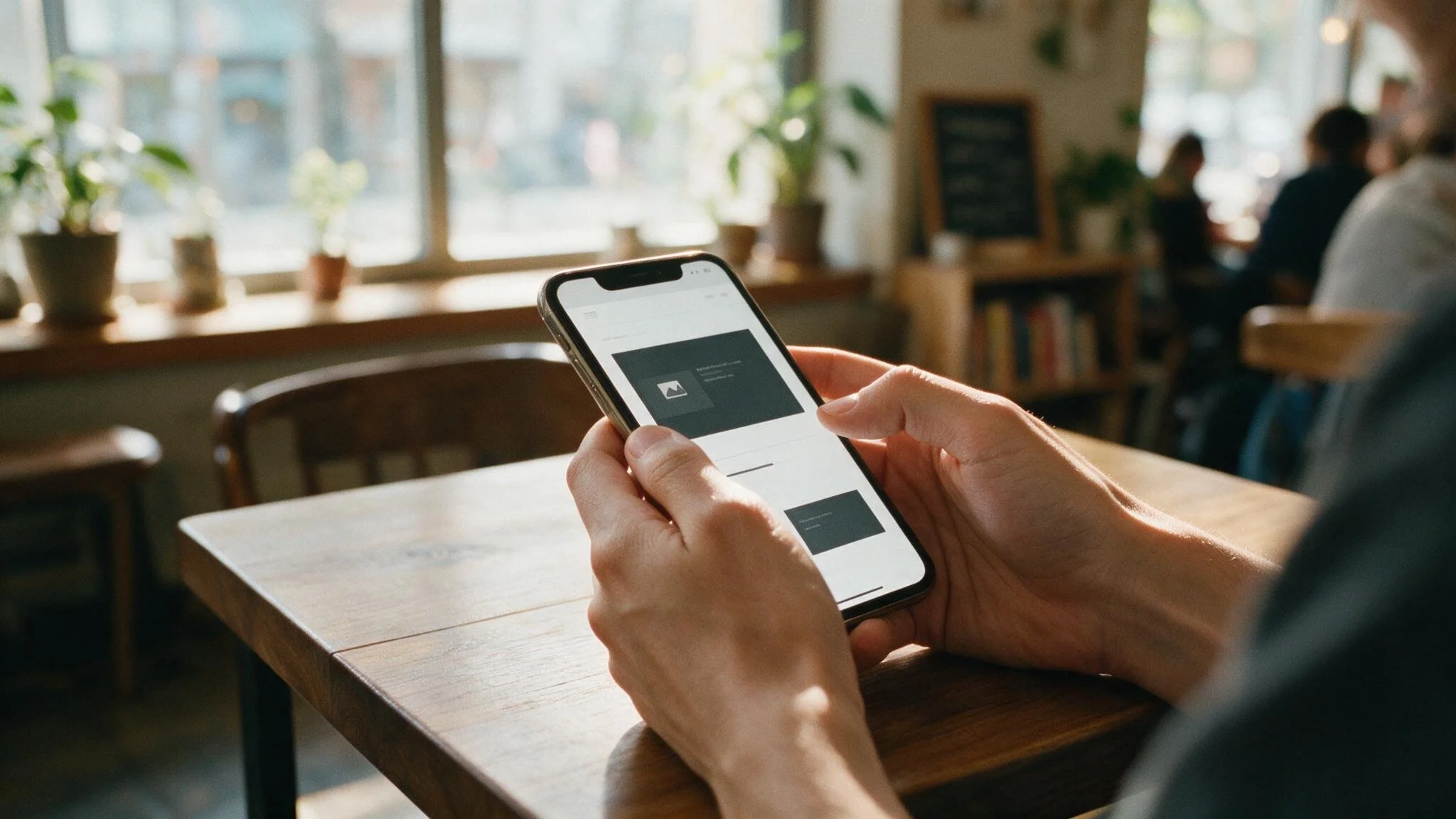 Close up of hands checking a church website on a smartphone at a coffee table