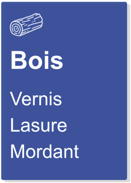 Carte ou panneau indiquant différents types de bois et de traitements : bois, vernis, lasure, mordant, avec une icône de bois en haut.