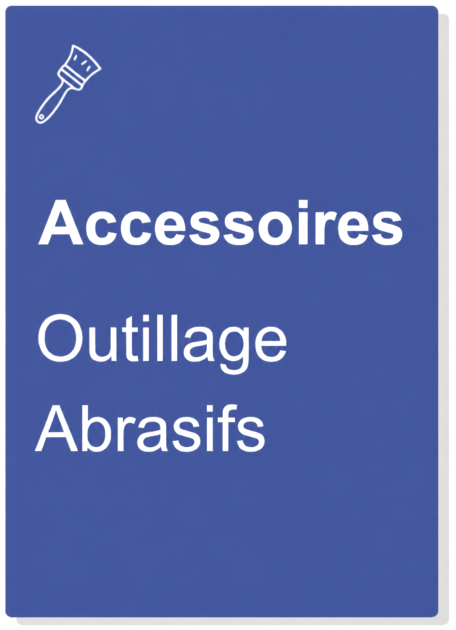 Panneau bleu avec un pinceau en haut à gauche, indiquant des sections pour accessoires, outillage et abrasifs.