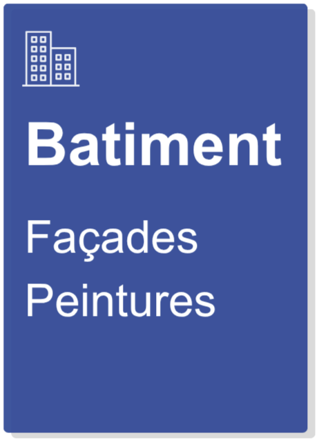 Panneau publicitaire bleu avec dessin d'immeuble, texte indiquant 'Bâtiment', 'Façades', 'Peintures'.