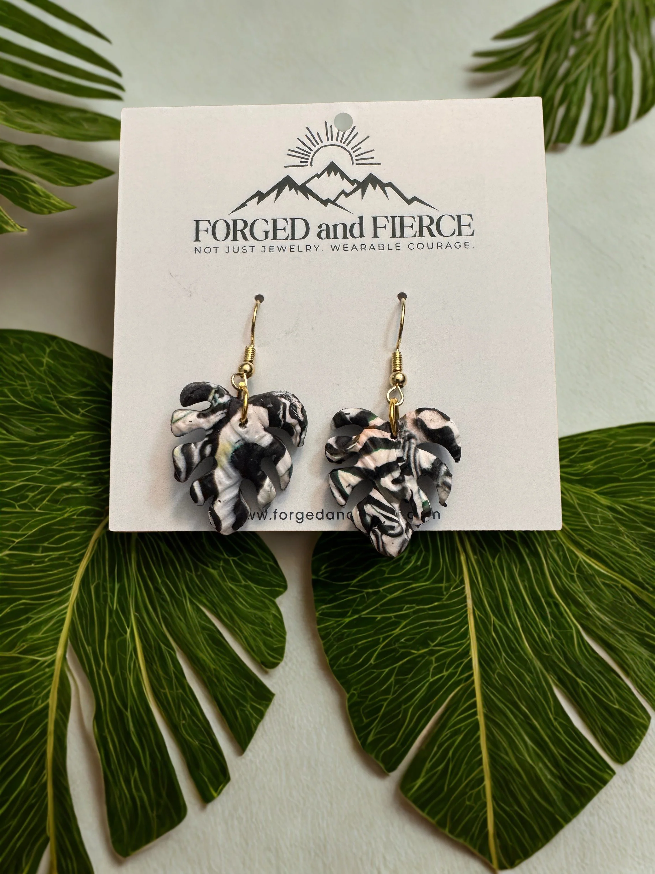 Small Black and White Tropical Monstera- Gold Hook
