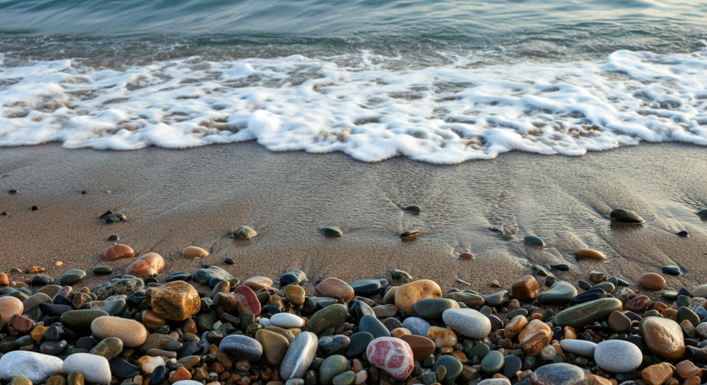 Colorful pebbles on a sandy beach with small waves approaching.
