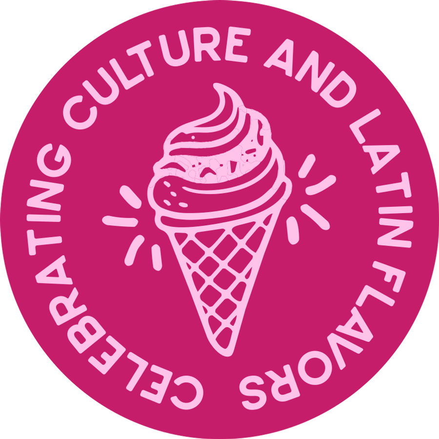 Pink circular logo with a stylized ice cream cone in the center, surrounded by the text "Celebrating Culture and Laitan Flavors" in a circular arrangement.