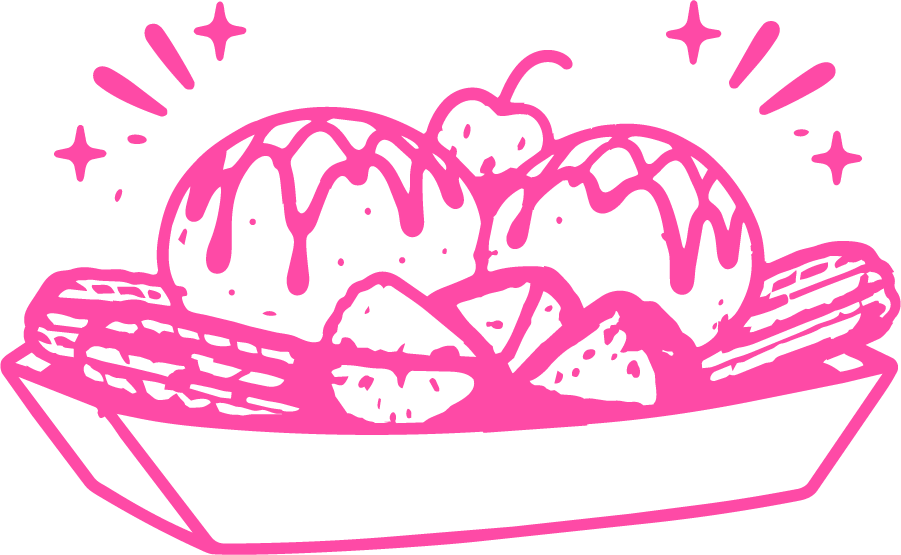 Illustration of a dessert bowl with ice cream and fruit slices, decorated with a drizzle and surrounding sparkles, in pink outline.