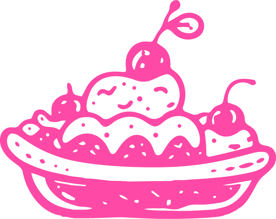 Pink line drawing of a bowl of ice cream with cherries on top