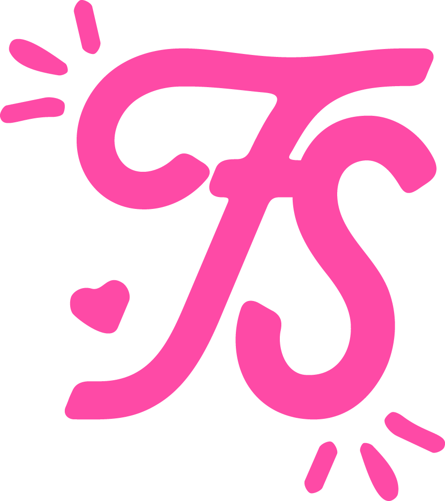 Pink, stylized letter J with heart and star accents on a black background.