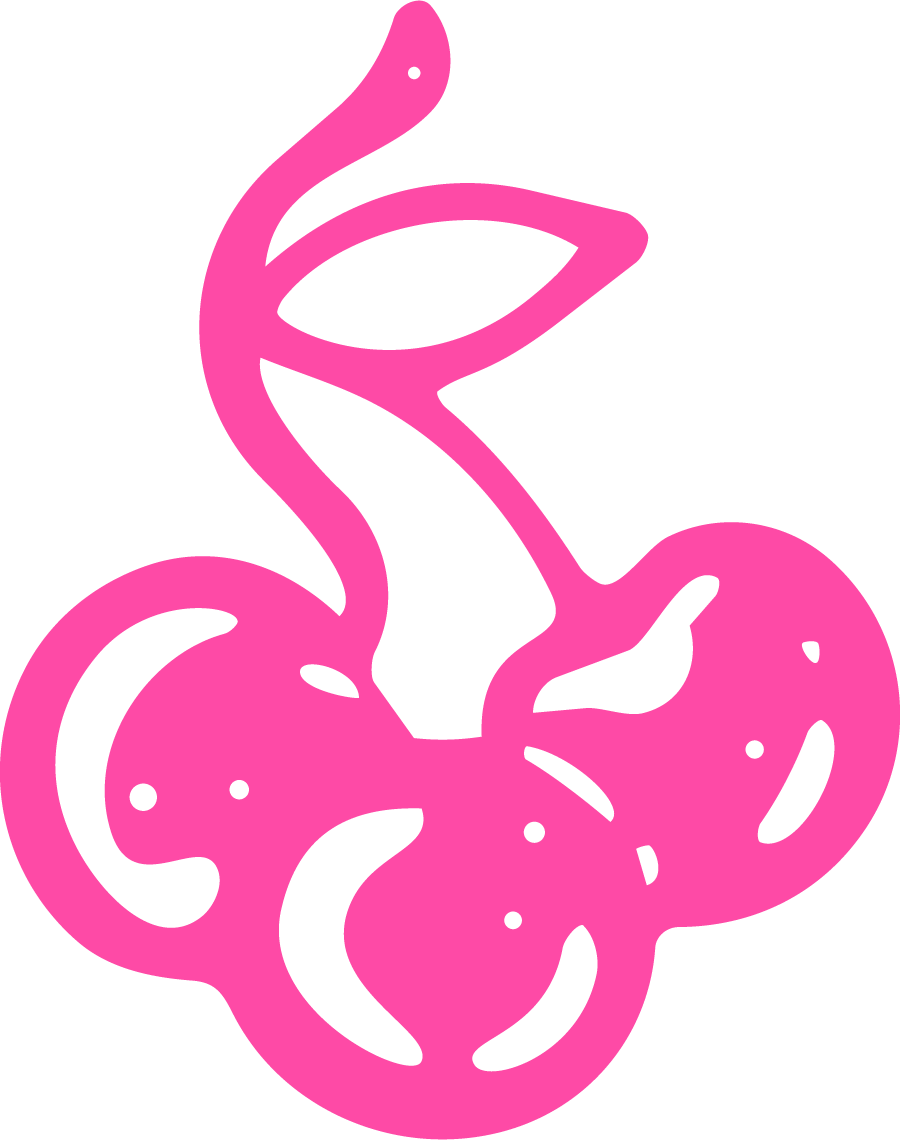 A pink, stylized depiction of a crown with a curved elongated shape at the top and circular elements, on a black background.
