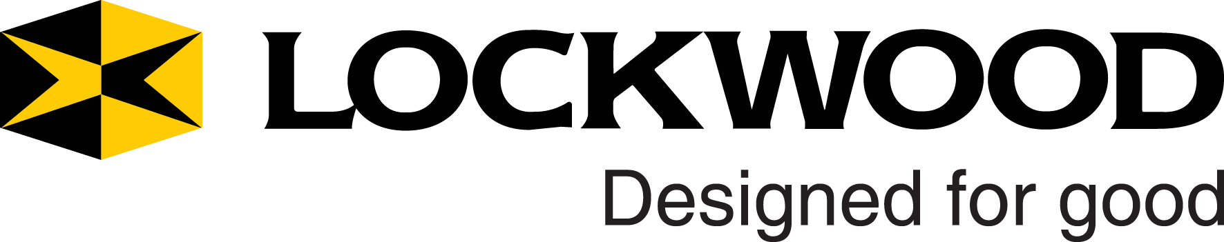 Lockwood logo with black text, yellow and black geometric symbol, and the slogan "Designed for good"